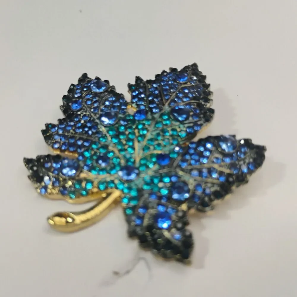 Maple Leaf Brooch Blue Shades Rhinestones Fashion Pin Jewelry Autumn Statement